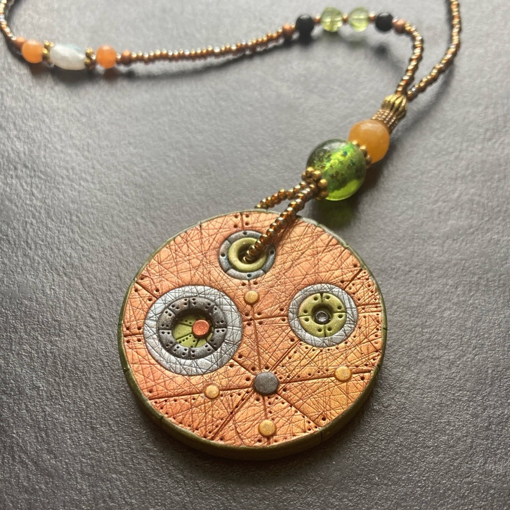 Artisan Silver and Green Circular Pendant Necklace and Earrings Set